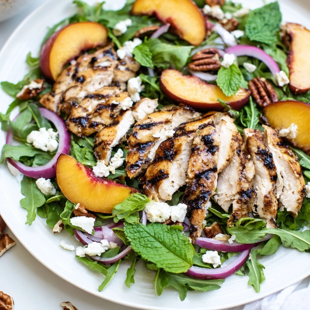 Summer salad plate featuring grilled peaches, tender chicken breast, peppery arugula, and honey-lime dressing