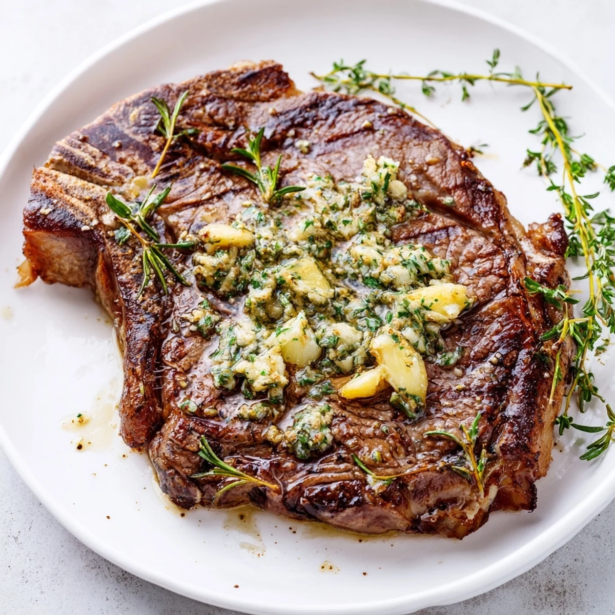 Pan-seared garlic herb steak with roasted broccolini and bright lemon wedges on a white plate