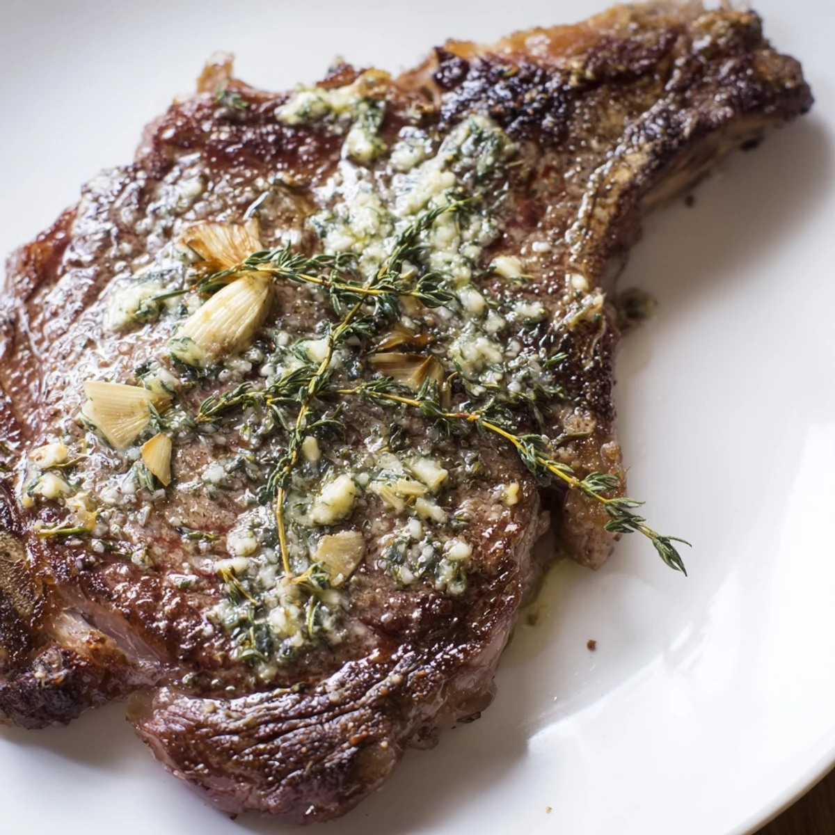 Golden roasted broccolini and juicy garlic butter steaks arranged on a serving platter with parsley garnish