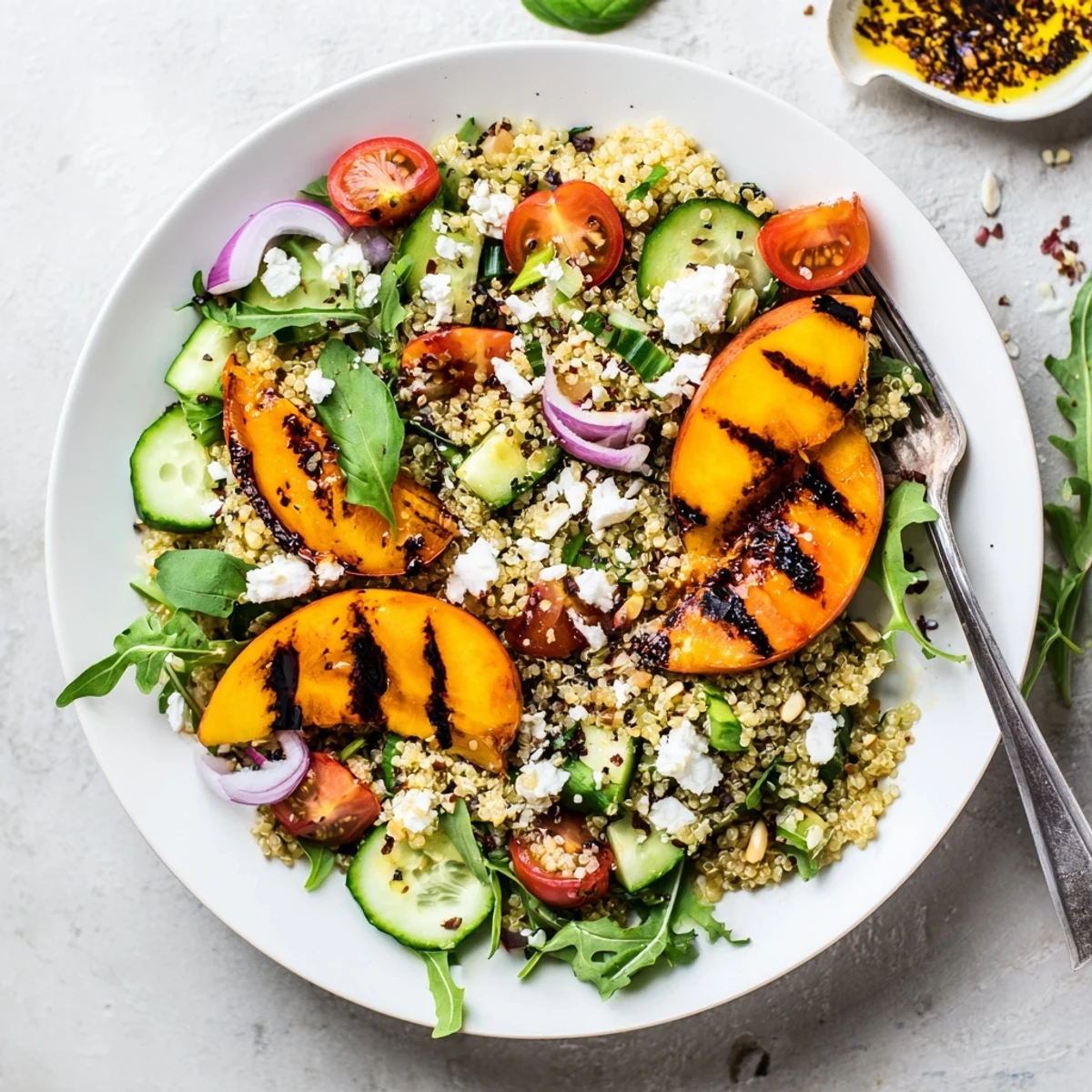 Colorful grilled apricot basil quinoa grain salad with smoky fruit and fresh greens