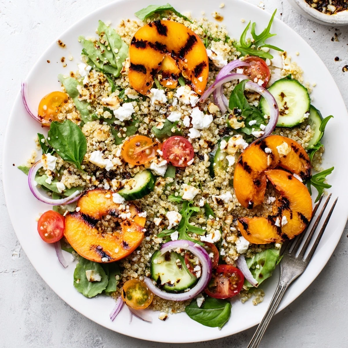 Summer grilled apricot basil quinoa grain salad served in a white bowl with arugula