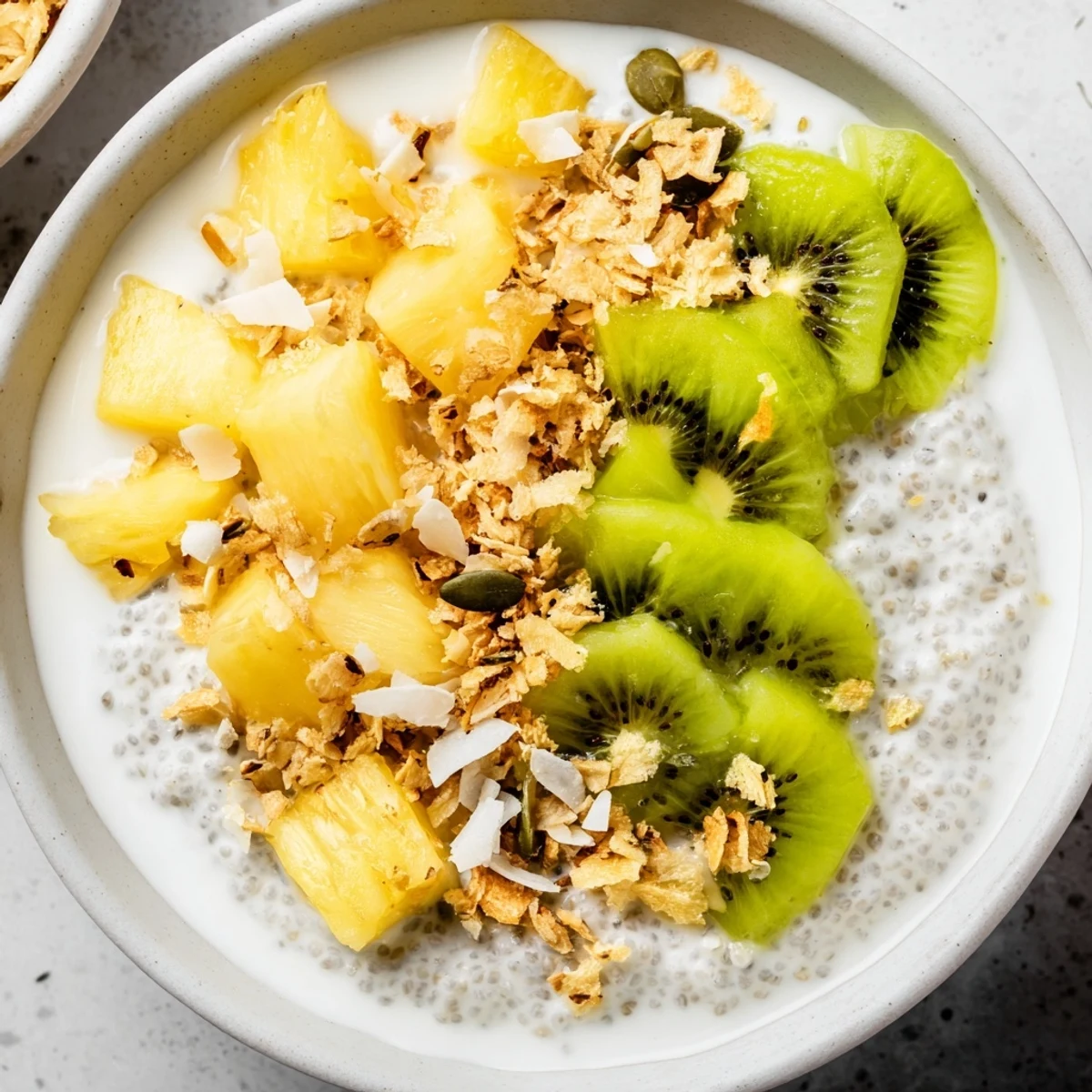 Creamy coconut chia pudding bowl layered with juicy pineapple slices and vibrant green kiwi wedges