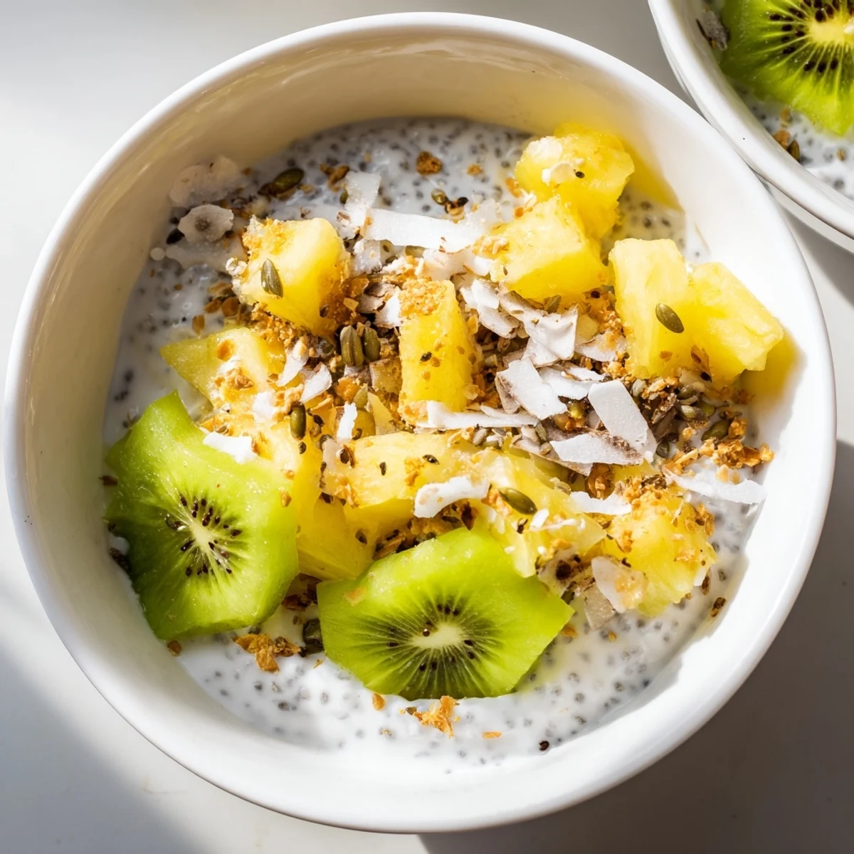 Colorful kiwi coconut pineapple chia breakfast bowl topped with fresh tropical fruits and crunchy granola