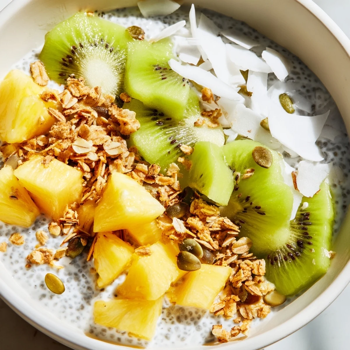 Refreshing kiwi coconut pineapple chia breakfast bowl served in glass bowls with shredded coconut sprinkles