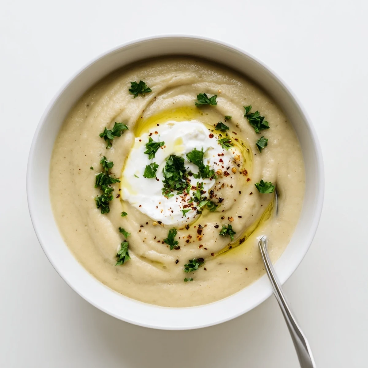 Velvety creamy roasted eggplant and white bean soup garnished with fresh parsley and yogurt in a rustic bowl