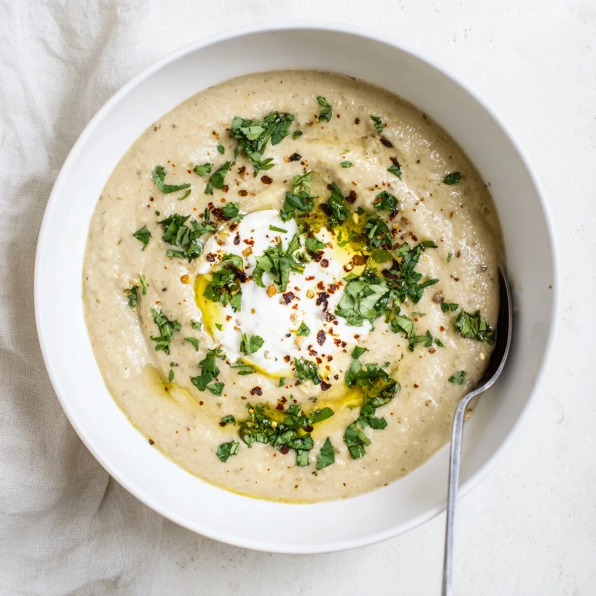 Smooth white bean and roasted eggplant soup served with crusty bread and topped with creamy yogurt and herbs