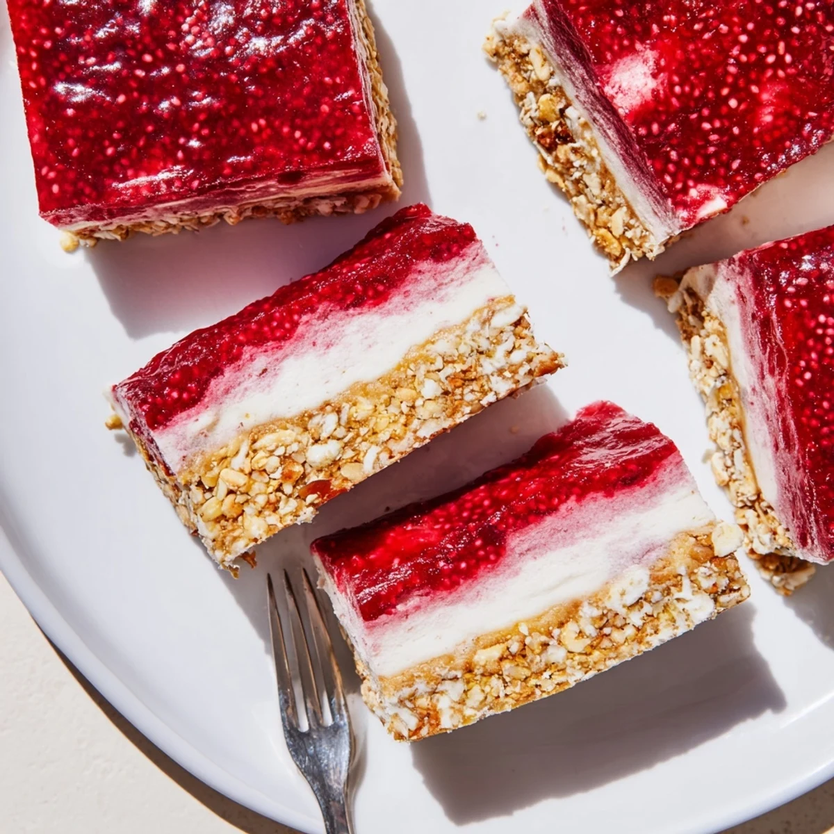 Square slice of raspberry almond cashew cream squares showing vibrant red fruit layer atop creamy white cashew filling
