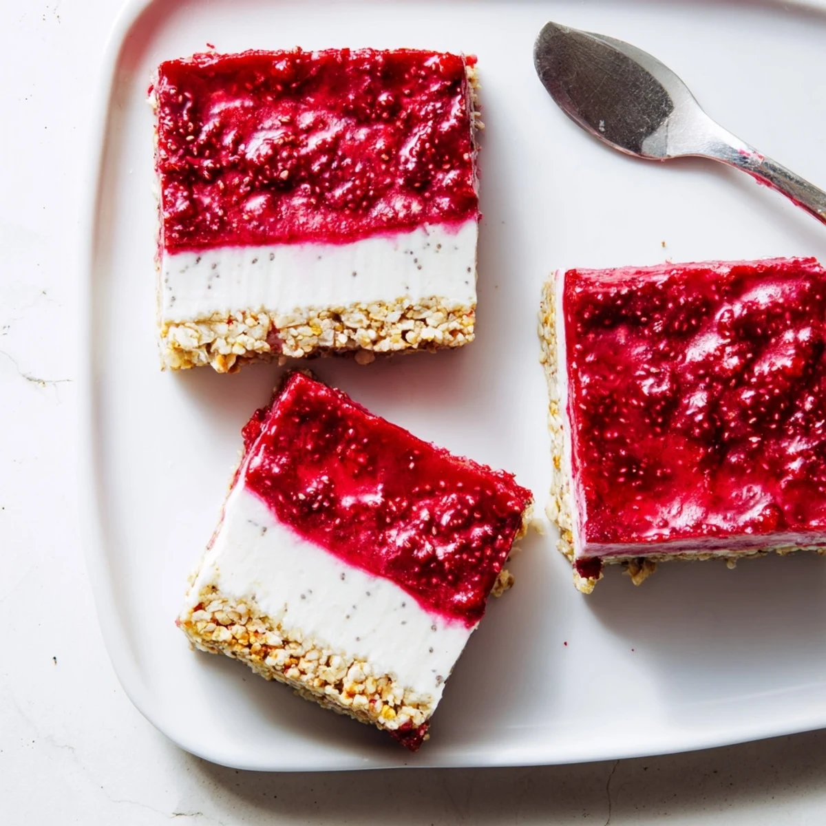Vegan gluten-free raspberry almond cashew cream squares with fresh raspberry garnish on white plate