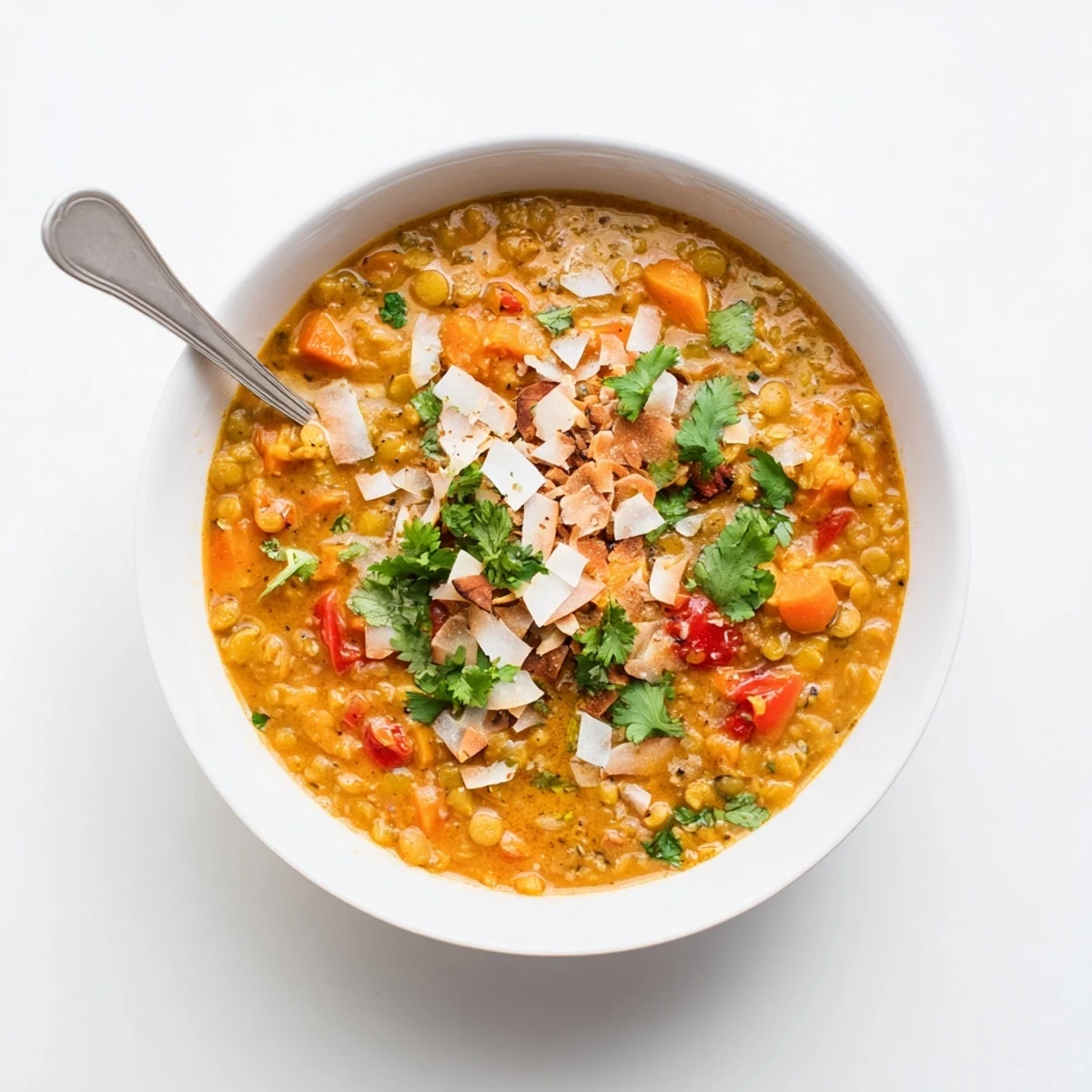 Creamy spiced coconut tomato green lentil soup garnished with fresh cilantro and toasted coconut flakes