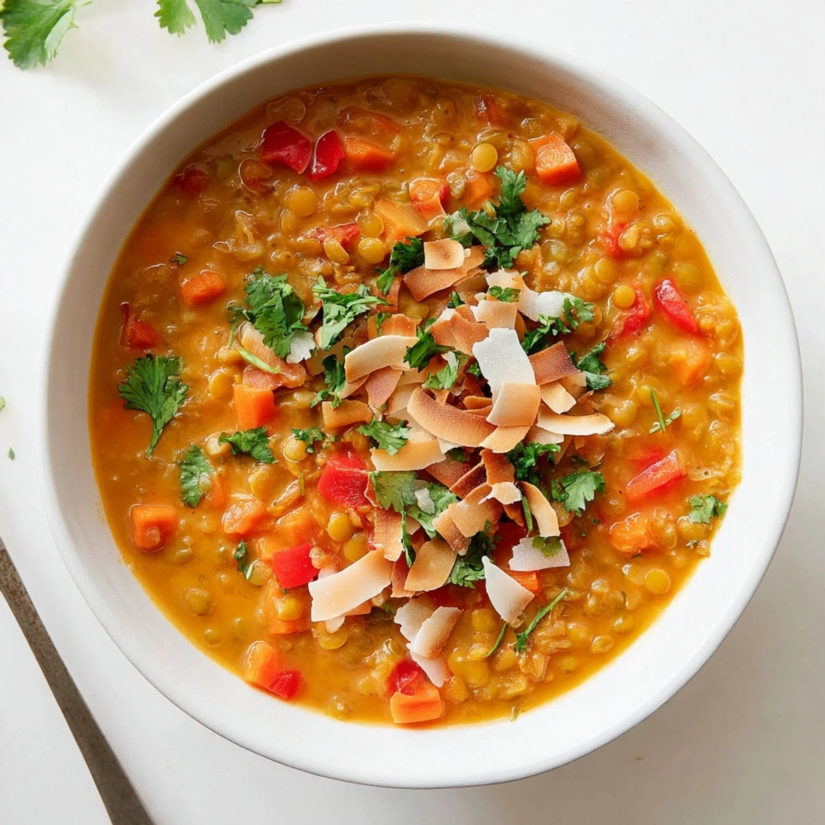 Steaming bowl of hearty spiced coconut tomato green lentil soup with vibrant red pepper and carrot chunks