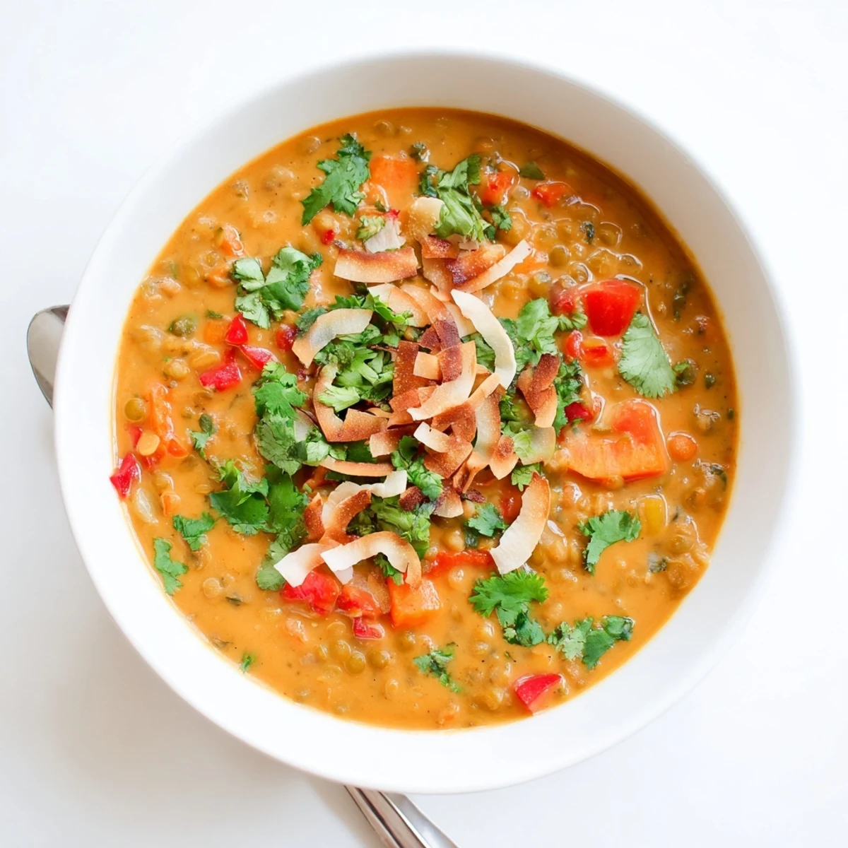 Vegan gluten-free spiced coconut tomato green lentil soup served with crusty bread and lime wedge