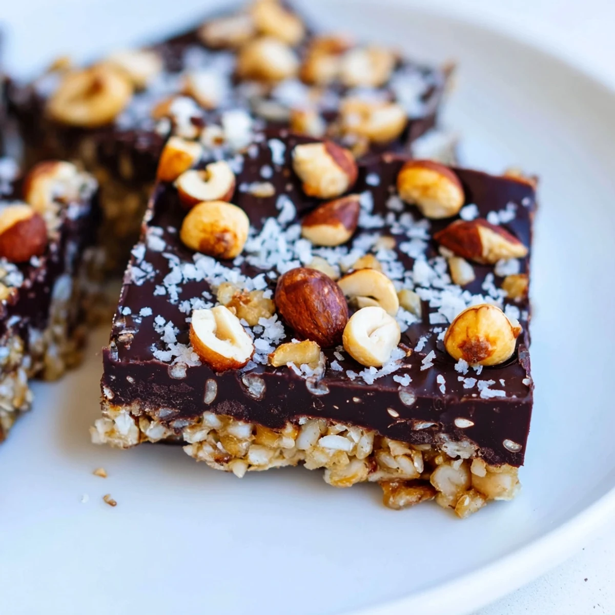Homemade dark chocolate hazelnut coconut crunch bars topped with glossy melted chocolate and toasted nuts