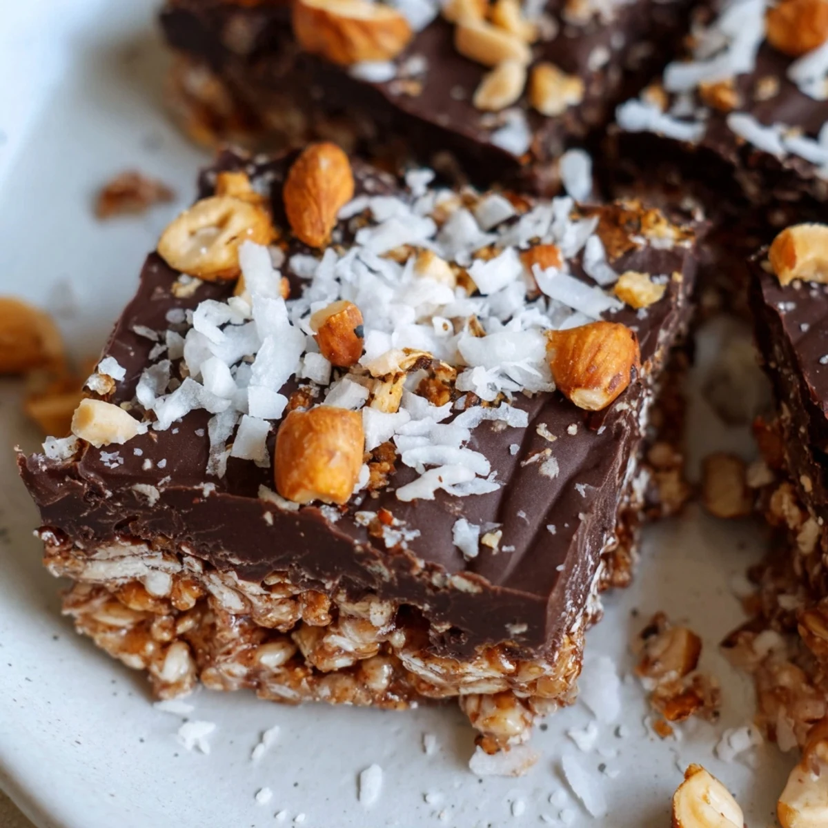 Gluten-free dark chocolate hazelnut coconut crunch bars sliced into squares with flaky sea salt garnish