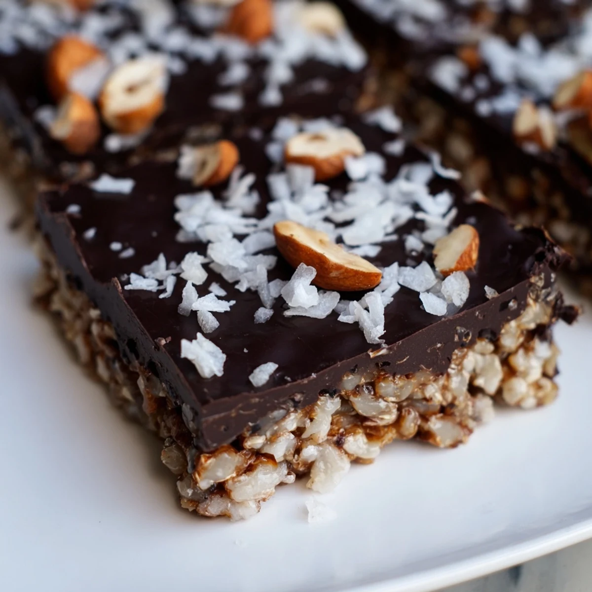 Rich dark chocolate hazelnut coconut crunch bars featuring layers of crispy rice cereal and shredded coconut