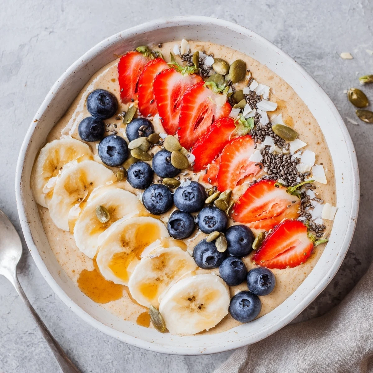 Warm vanilla maple teff porridge served with sliced banana fresh berries and coconut flakes