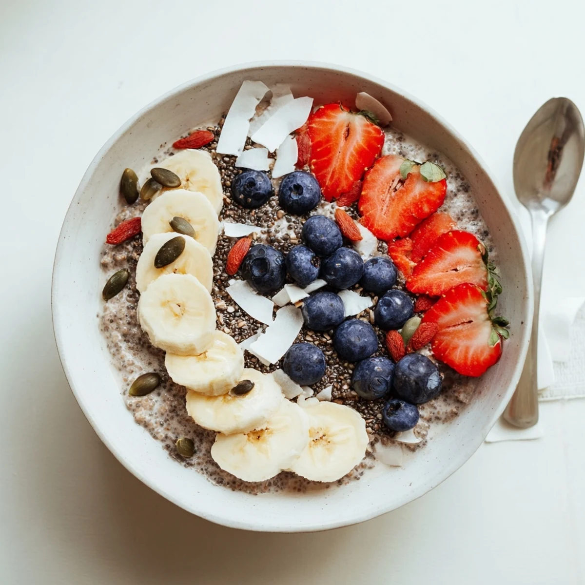 Creamy teff breakfast porridge sweetened with maple syrup and vanilla under colorful fruit toppings