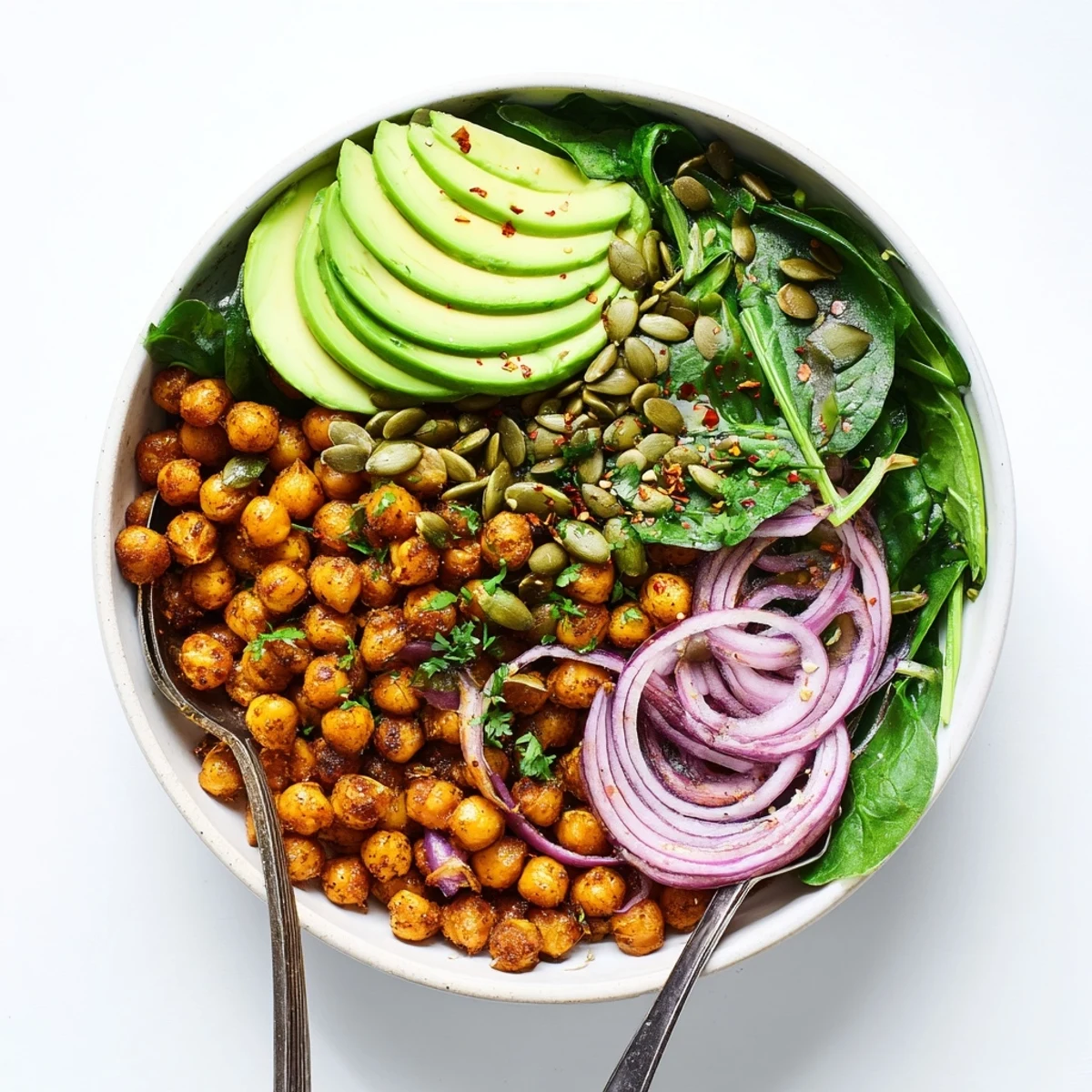 Golden chickpeas and wilted spinach in a savory lemon garlic breakfast bowl topped with creamy avocado