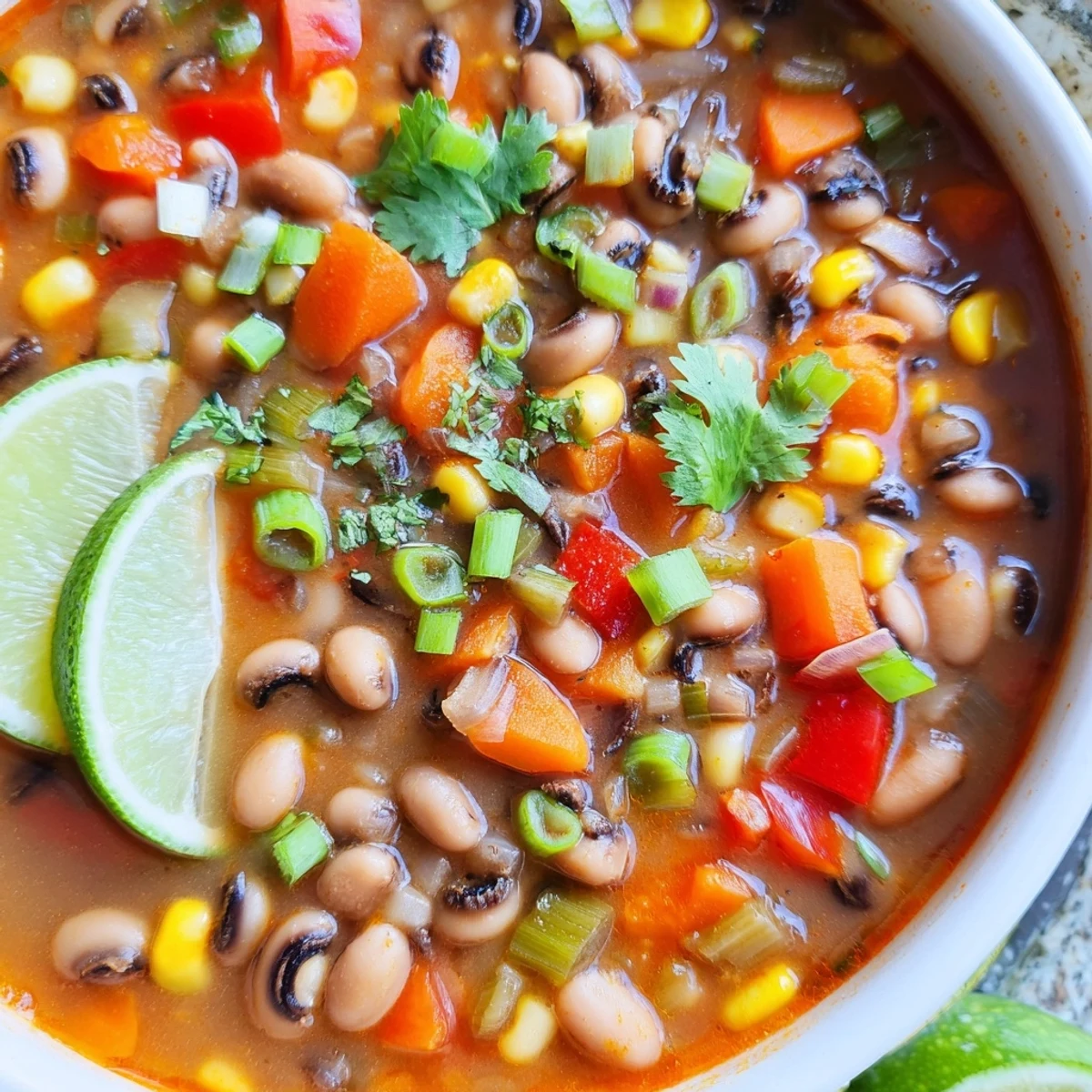 Creamy smoky black eyed pea and sweet corn soup bowl topped with fresh green onions and cilantro garnish.