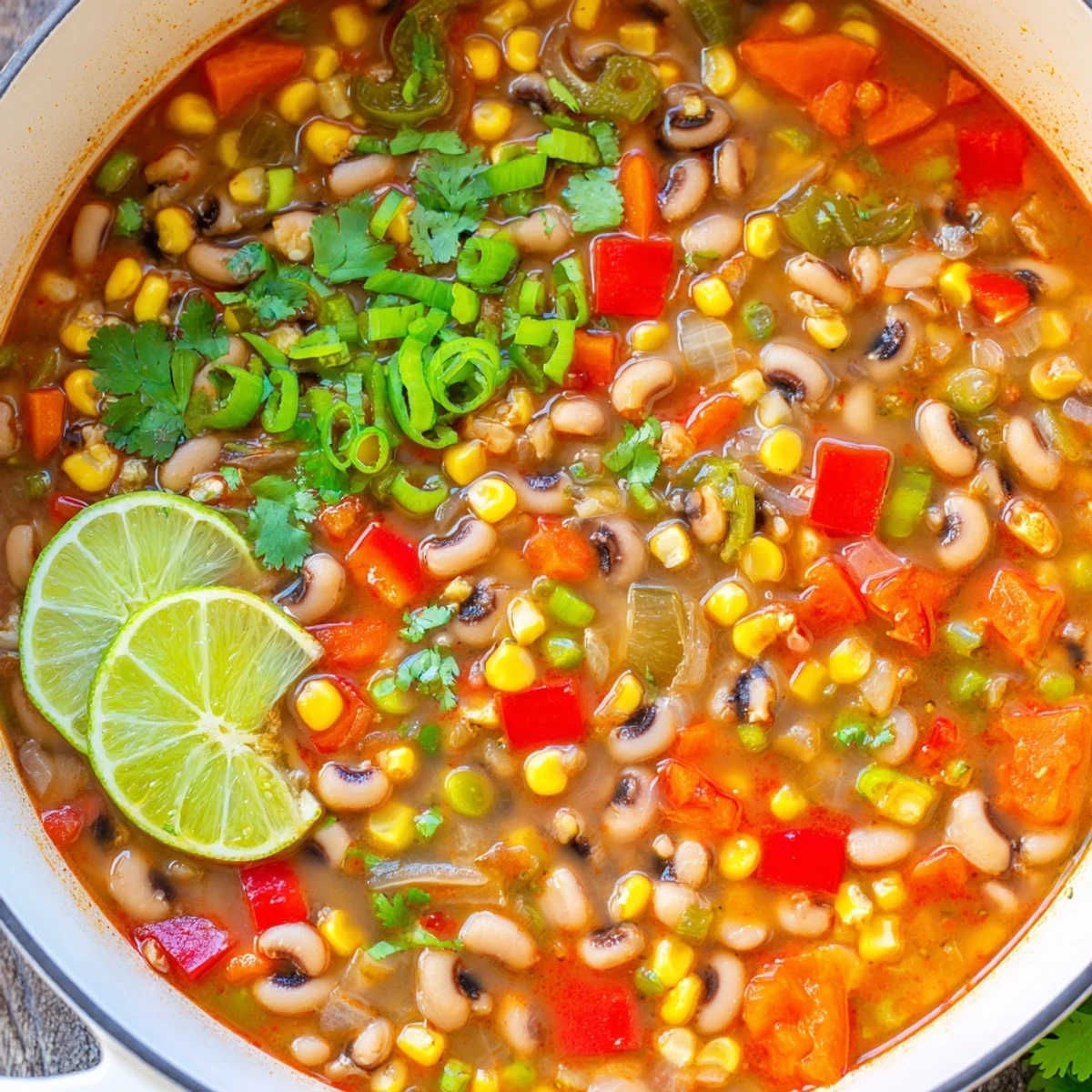 Rustic pot of hearty smoky black eyed pea and sweet corn soup bubbling with colorful diced vegetables.