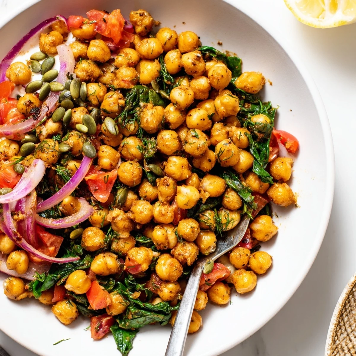 Steaming skillet of Savory Herbed Chickpea and Spinach Breakfast Bowl, topped with yogurt.
