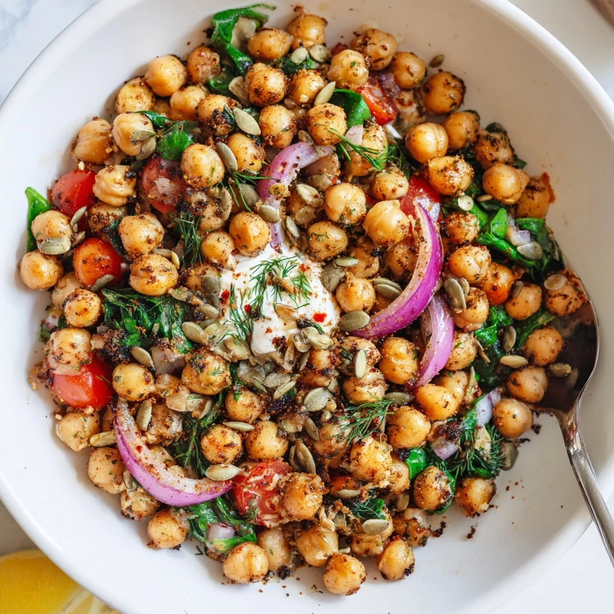 Bright lemon and herbs awaken Savory Herbed Chickpea and Spinach Breakfast Bowl.
