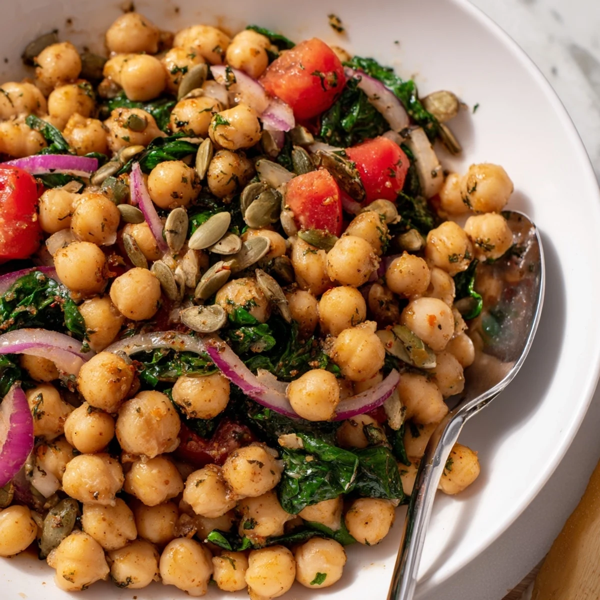 Savory Herbed Chickpea and Spinach Breakfast Bowl served with warm sourdough toast.