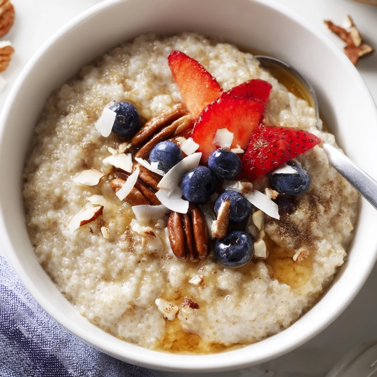 Creamy Vanilla Maple Sorghum Porridge Breakfast Bowl steaming, drizzled with extra maple syrup