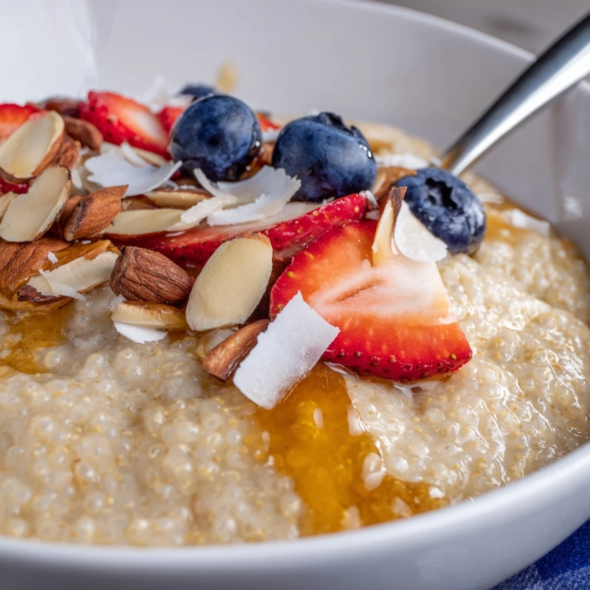 Warm Vanilla Maple Sorghum Porridge Breakfast Bowl topped with berries, toasted pecans