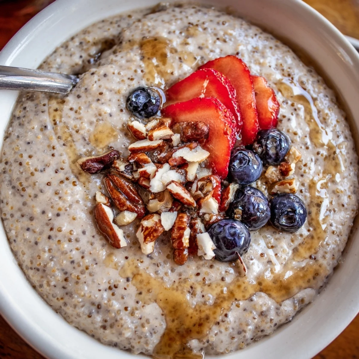 Hearty morning Vanilla Maple Sorghum Porridge Breakfast Bowl with coconut flakes, almonds