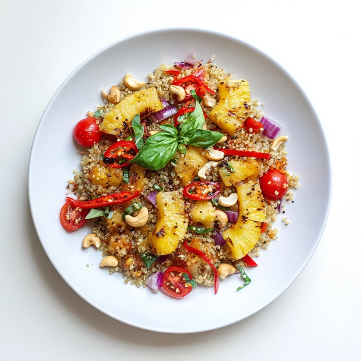 Colorful grilled pineapple chili basil quinoa grain salad bowl with charred fruit chunks and fresh herbs in a white serving dish