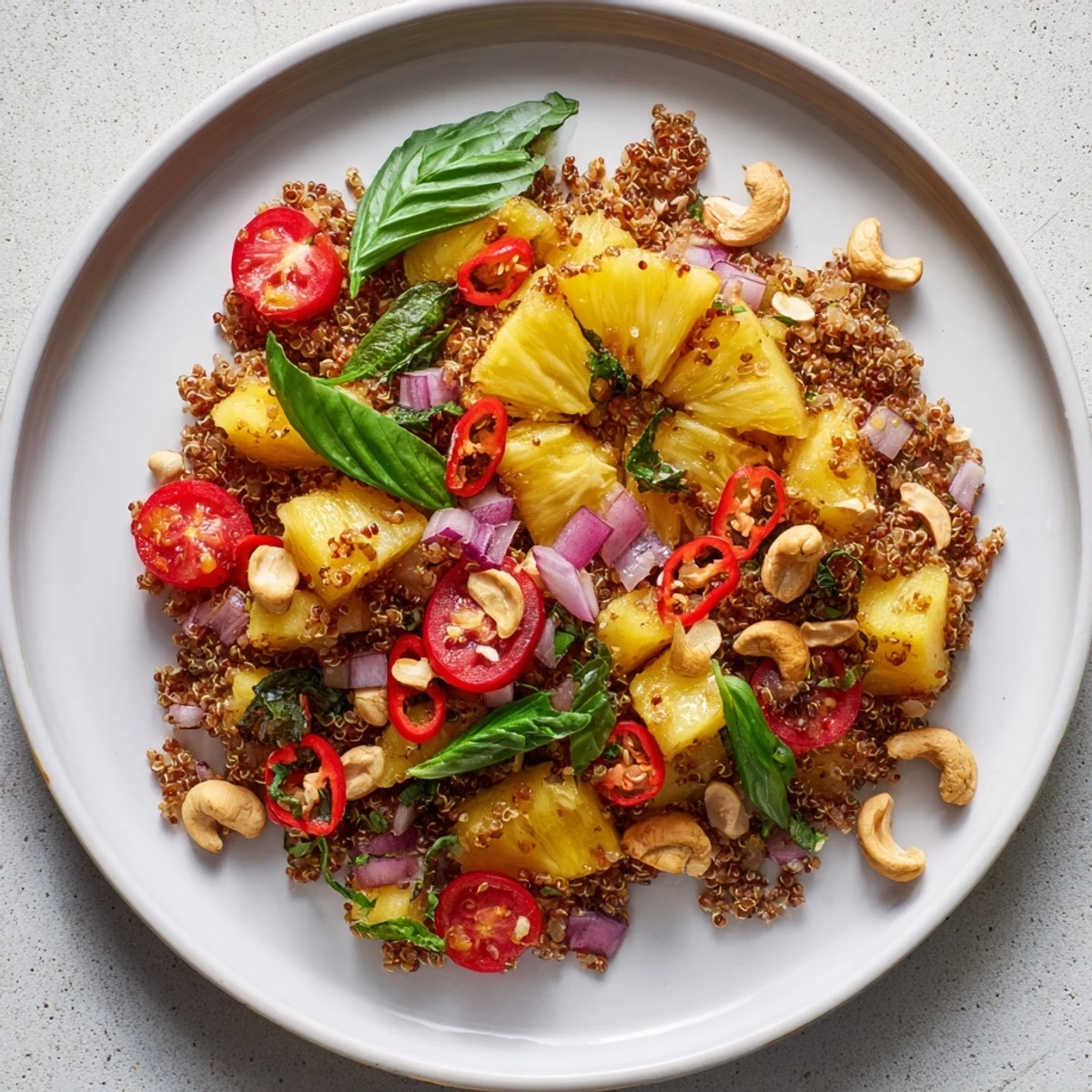 Vibrant tropical quinoa salad featuring smoky grilled pineapple rings, red bell pepper, and torn basil leaves on a rustic wooden table