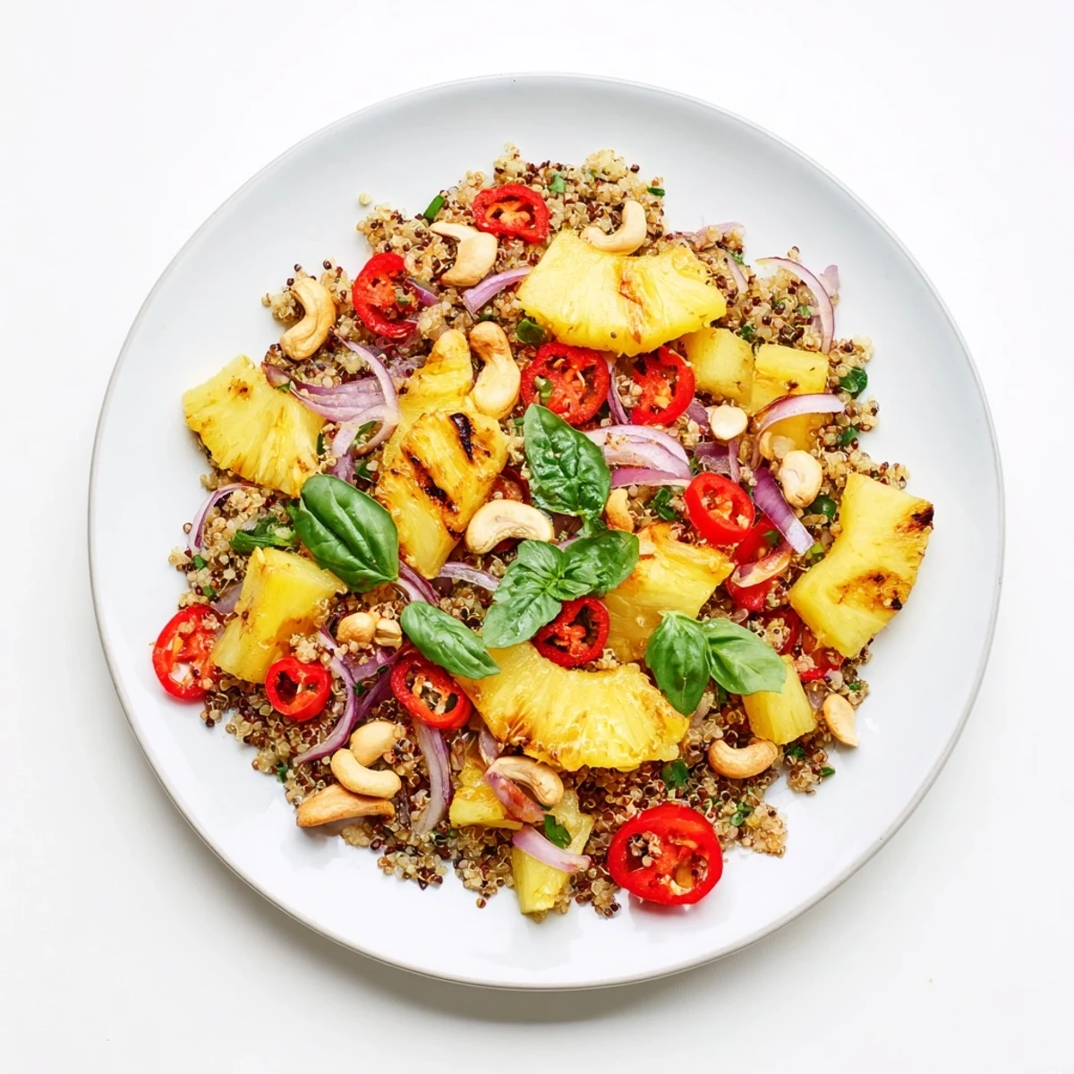 Close-up of vegetarian grilled pineapple chili basil quinoa grain salad with roasted cashew garnish and lime drizzle on a white plate