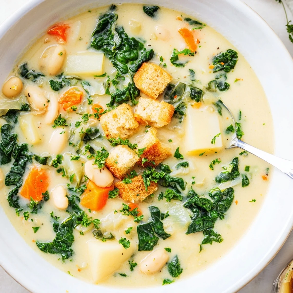Bowl of hearty creamy kohlrabi white bean soup with golden potato chunks and roasted greens