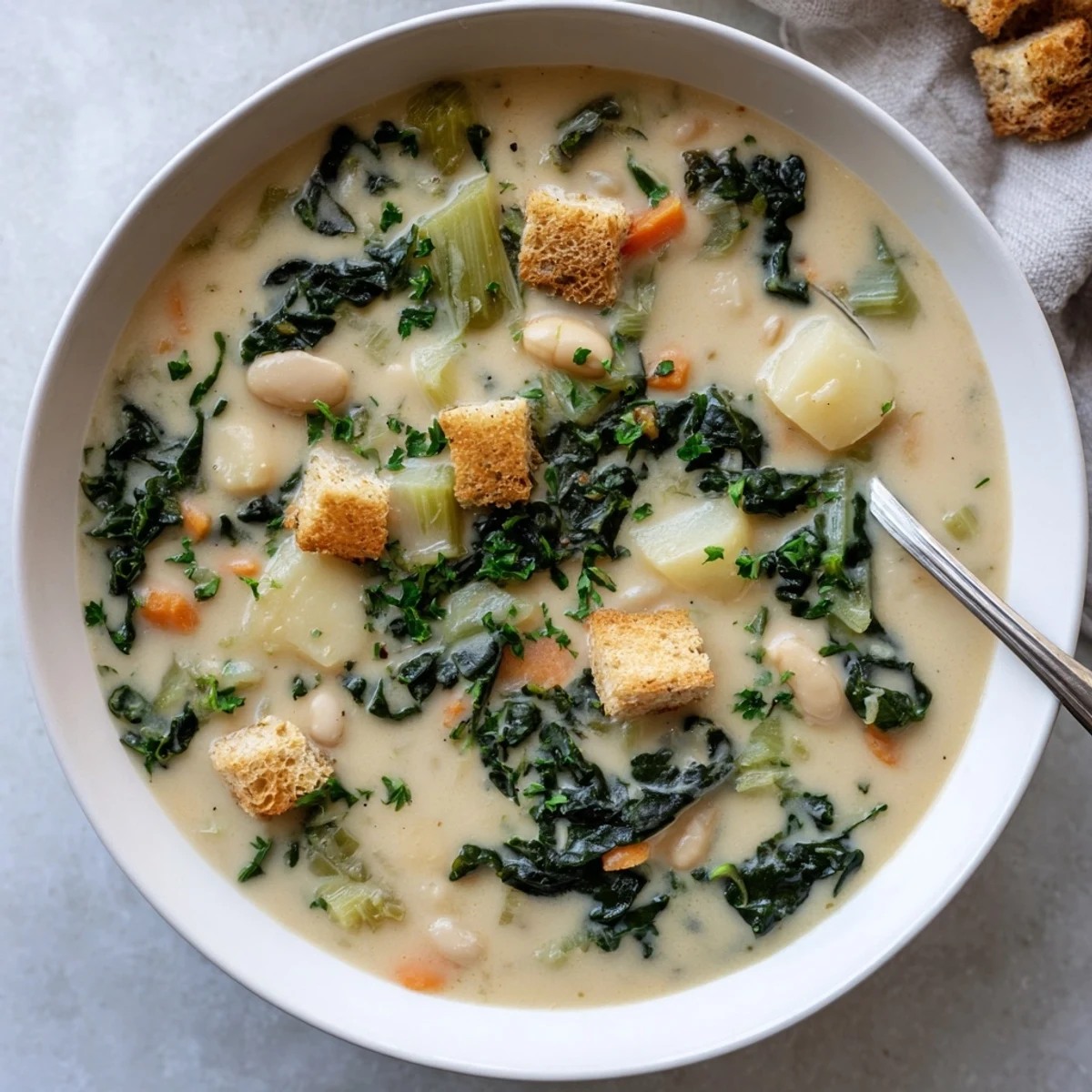 Creamy roasted kohlrabi greens and white bean soup garnished with fresh parsley and croutons