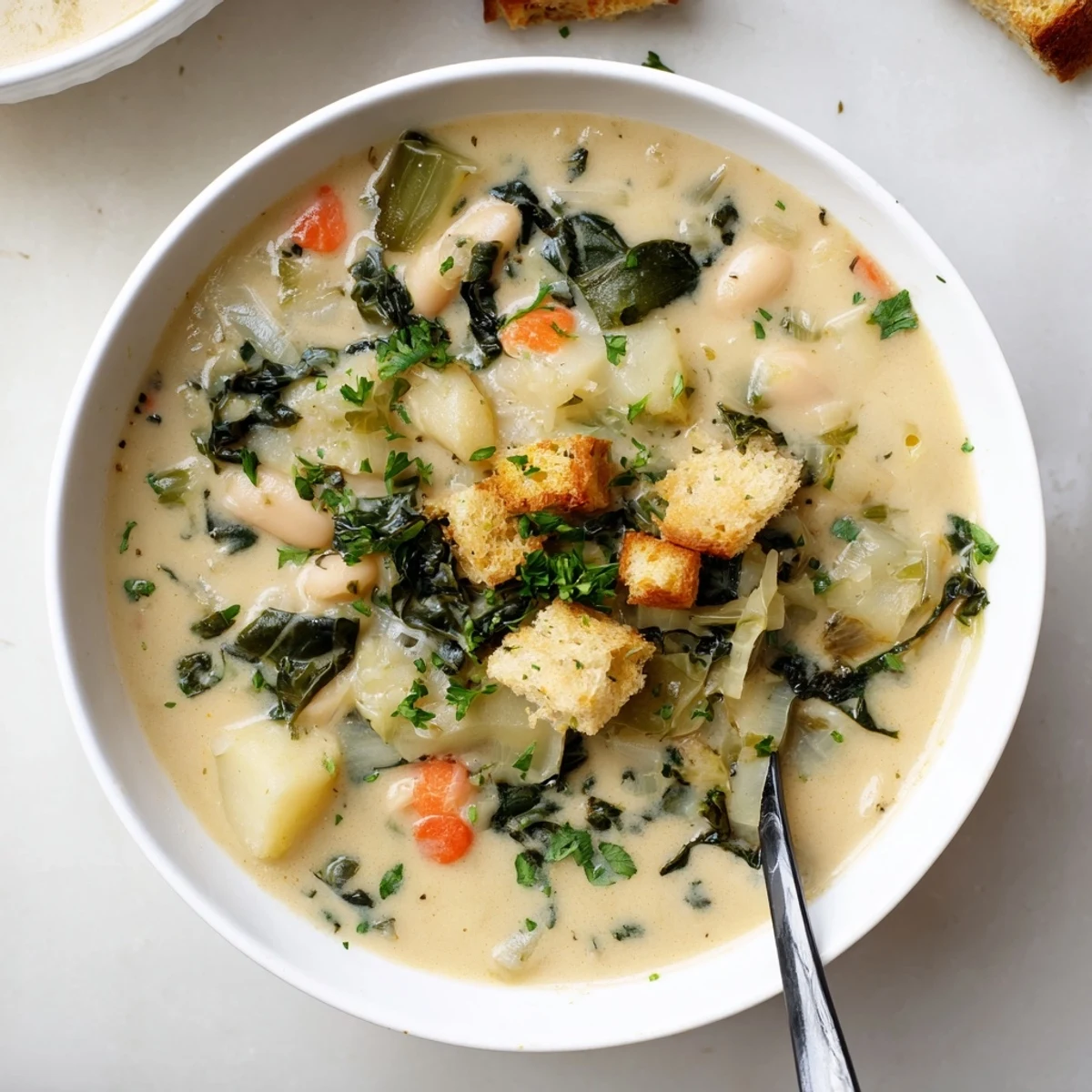 Steaming bowl of roasted kohlrabi greens and white bean soup drizzled with olive oil