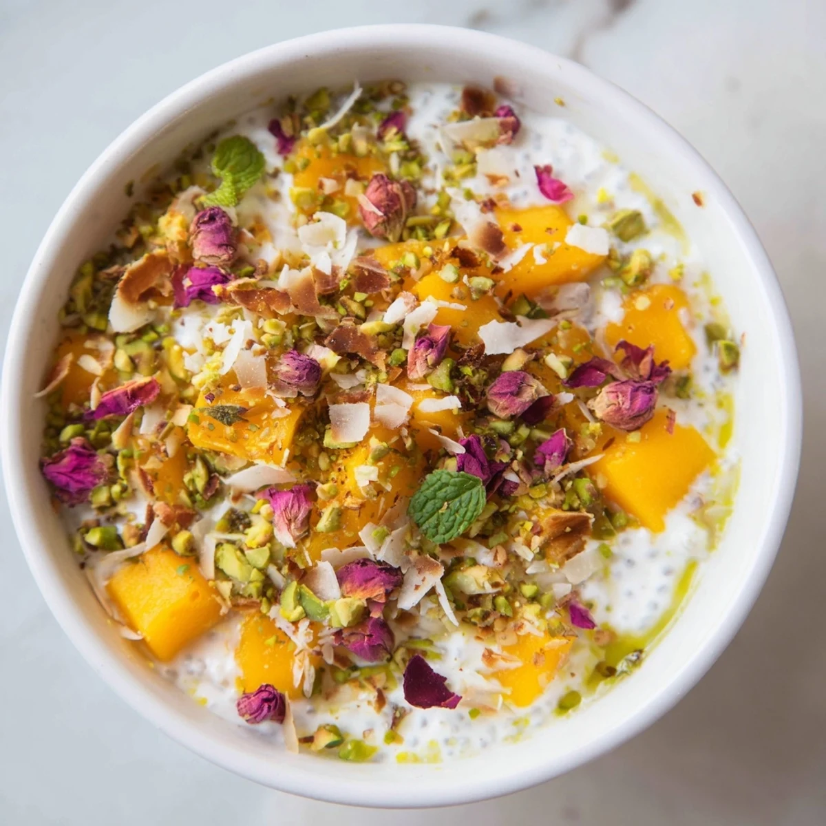Creamy mango coconut rose chia breakfast bowl topped with fresh diced mango and toasted coconut flakes