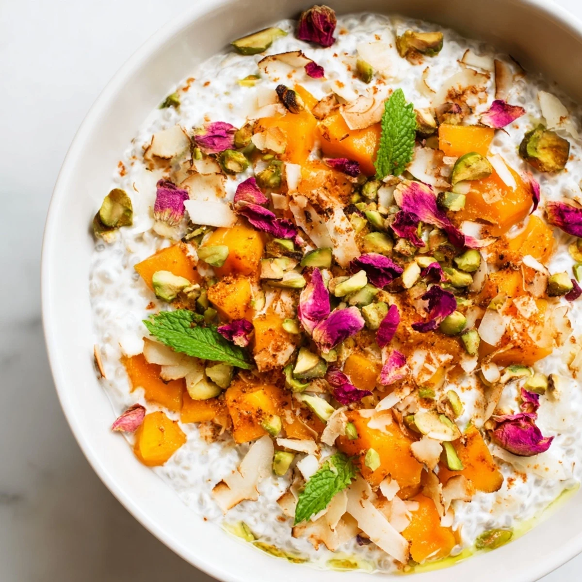 Vibrant tropical mango coconut rose chia pudding layered with sweet mango chunks and pistachios