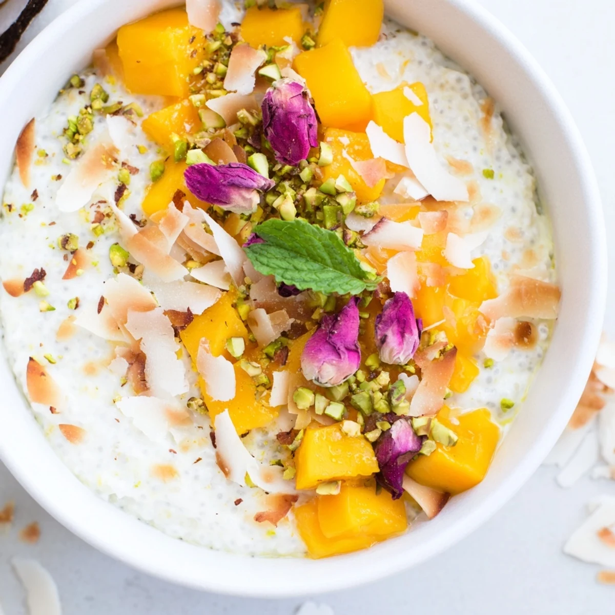 Refreshing mango coconut rose chia breakfast bowl garnished with edible rose petals and fresh mint