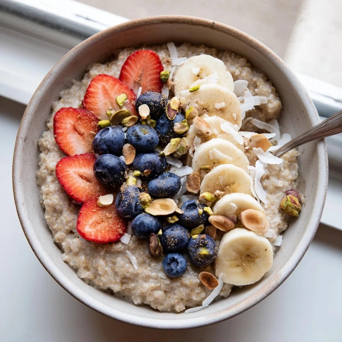 Creamy vanilla cardamom quinoa porridge bowl topped with fresh berries and sliced banana