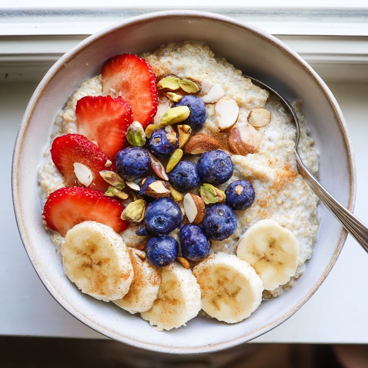 Warm breakfast porridge featuring fluffy quinoa infused with aromatic vanilla and cardamom spices