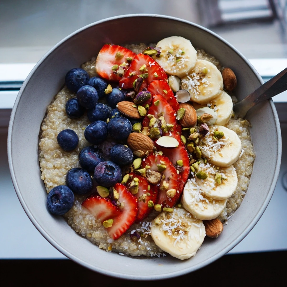 Nourishing quinoa breakfast bowl garnished with toasted nuts, coconut flakes, and sweet fruit