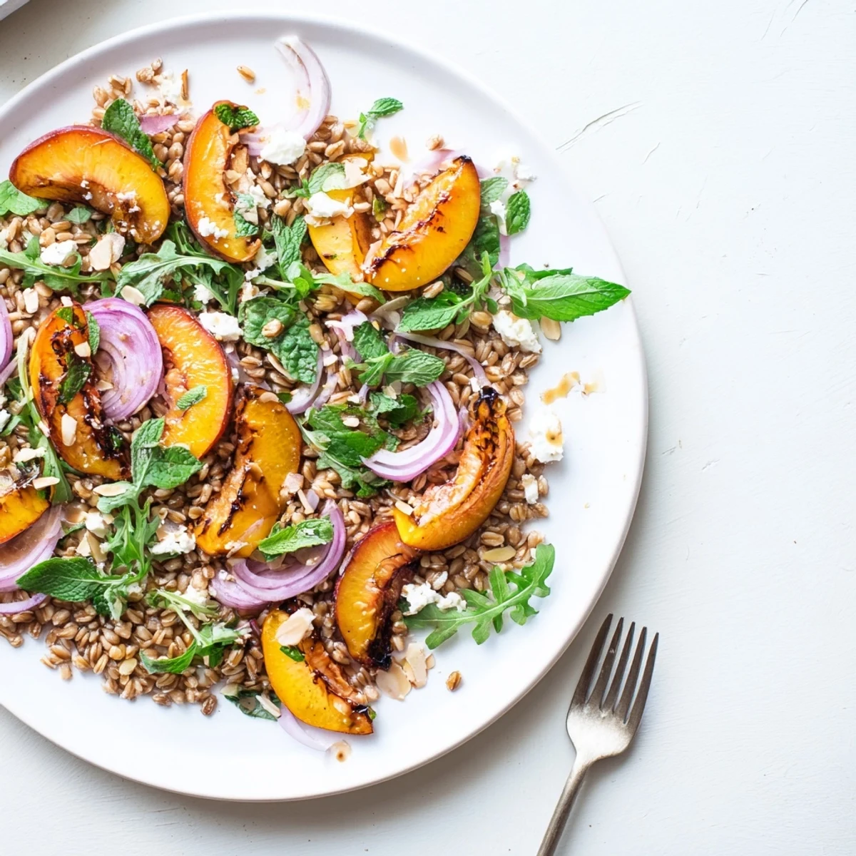 Golden roasted nectarine orange farro grain salad with fresh herbs and citrus honey vinaigrette in a white bowl
