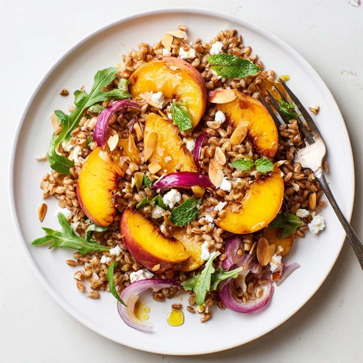 Colorful farro grain salad bowl featuring caramelized nectarines juicy oranges arugula and optional feta cheese topping