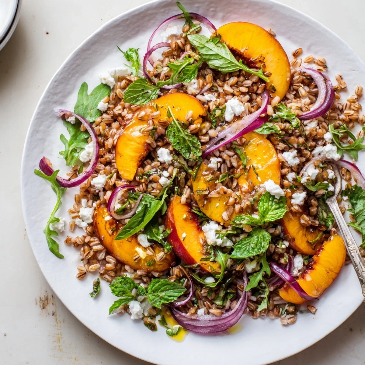 Vibrant roasted nectarine orange farro salad plated with fresh mint basil and toasted almonds for summer dining