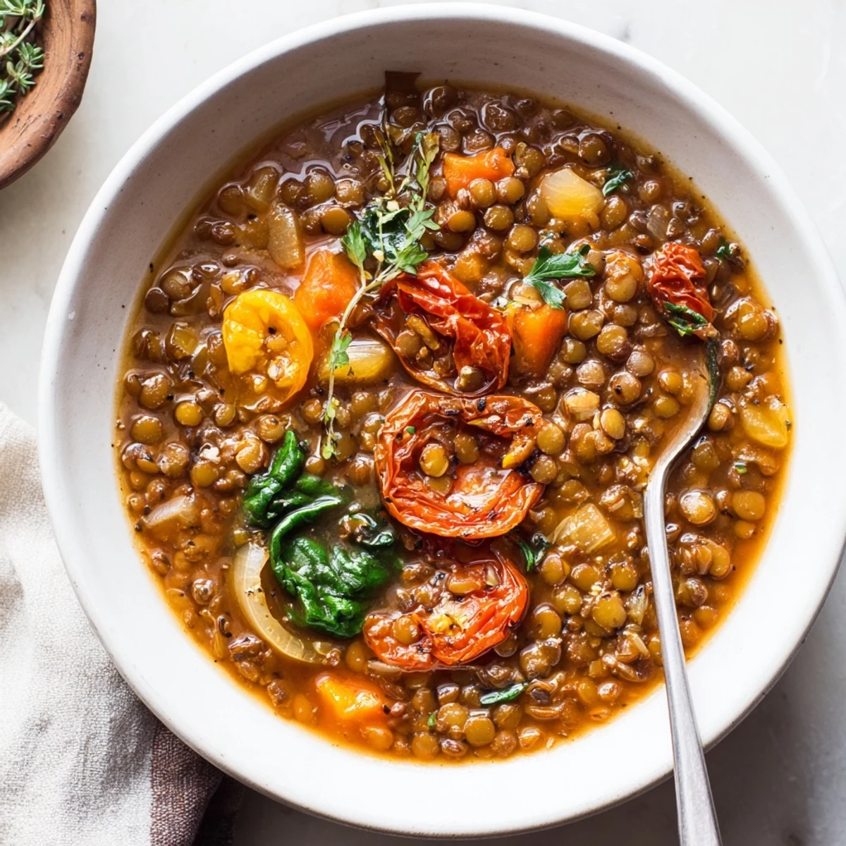 Steaming smoky lentil and roasted tomato hearty soup served with crusty bread on wooden table