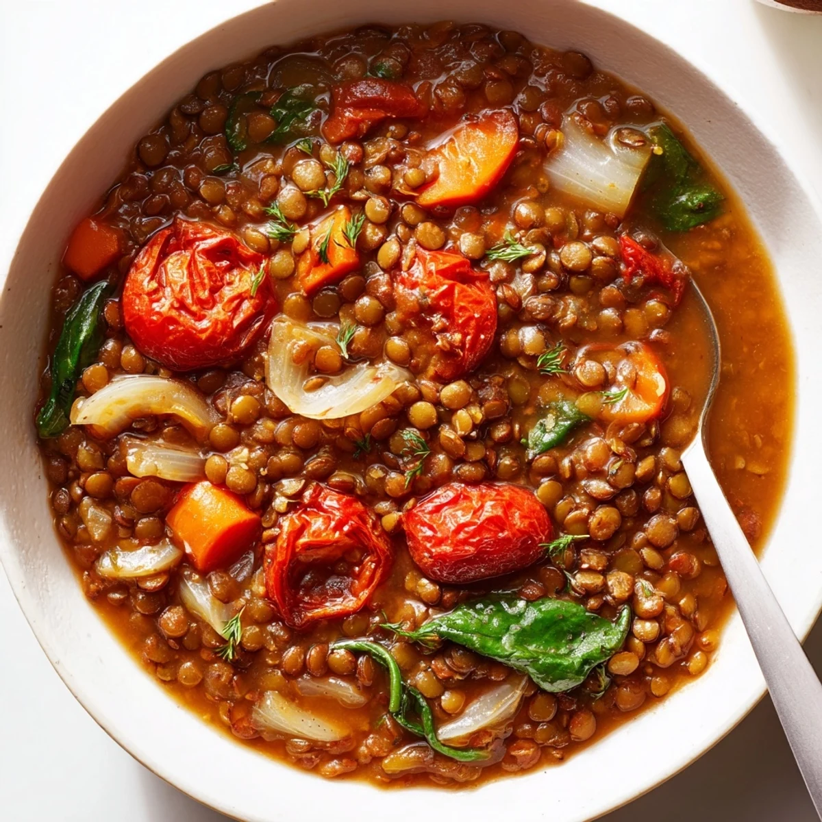 Bowl of smoky lentil and roasted tomato hearty soup garnished with fresh parsley