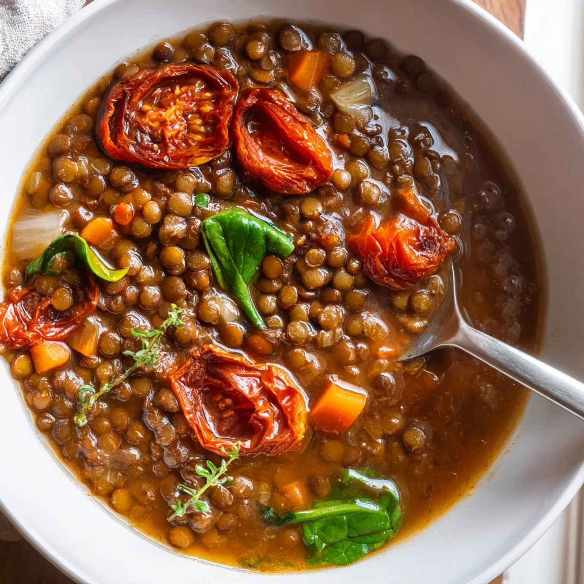 Creamy smoky lentil and roasted tomato hearty soup topped with baby spinach and croutons