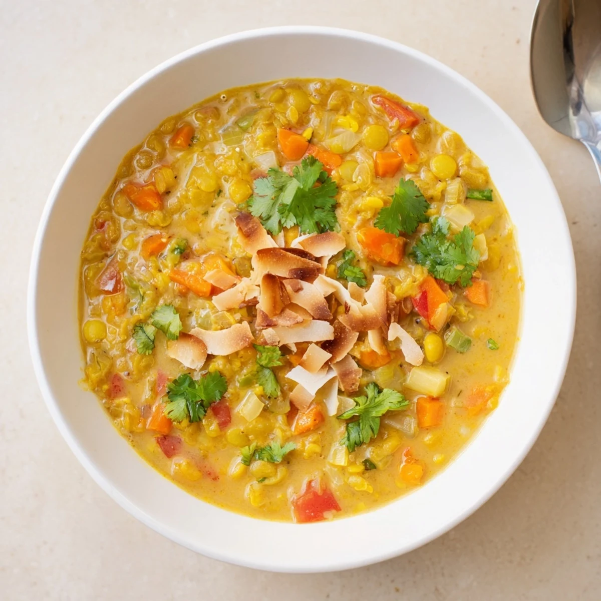 Golden spiced coconut tomato yellow split pea soup garnished with fresh cilantro in a rustic bowl