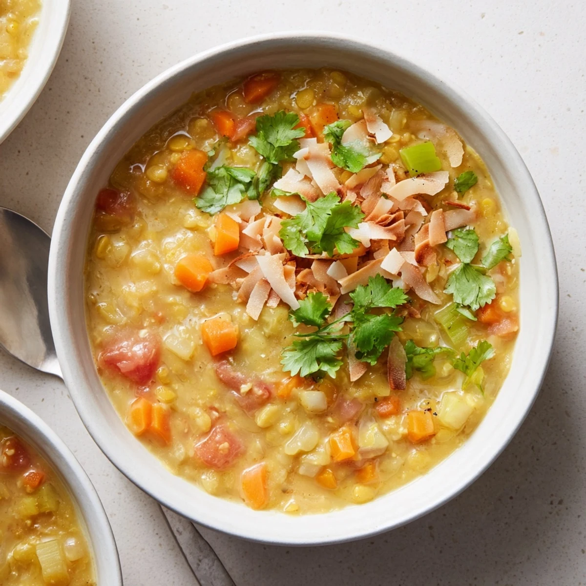 Creamy vegan yellow split pea soup with tomatoes and coconut milk served with warm naan bread