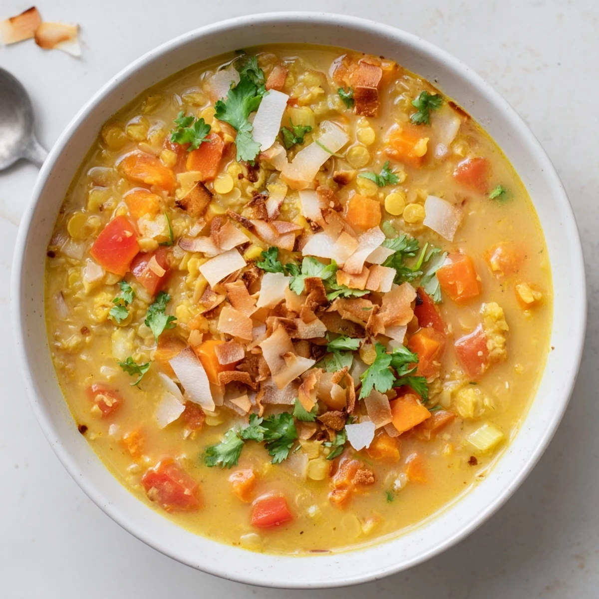 Hearty bowl of spiced coconut tomato yellow split pea soup topped with toasted coconut flakes